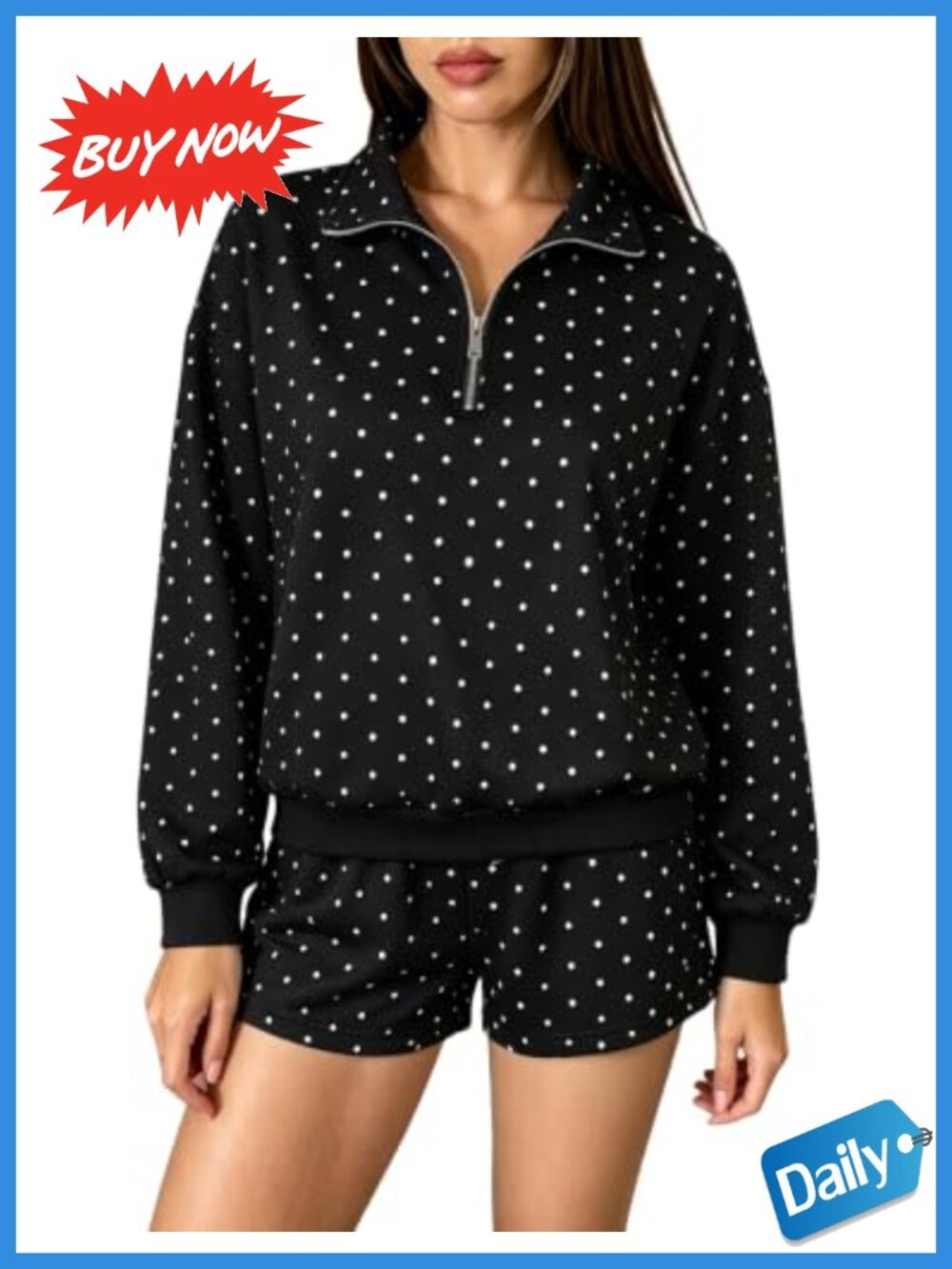 Women's Polka Dot Two-Piece Sweatsuit Mock Neck Half-Zip Sweatshirt & Shorts Set
